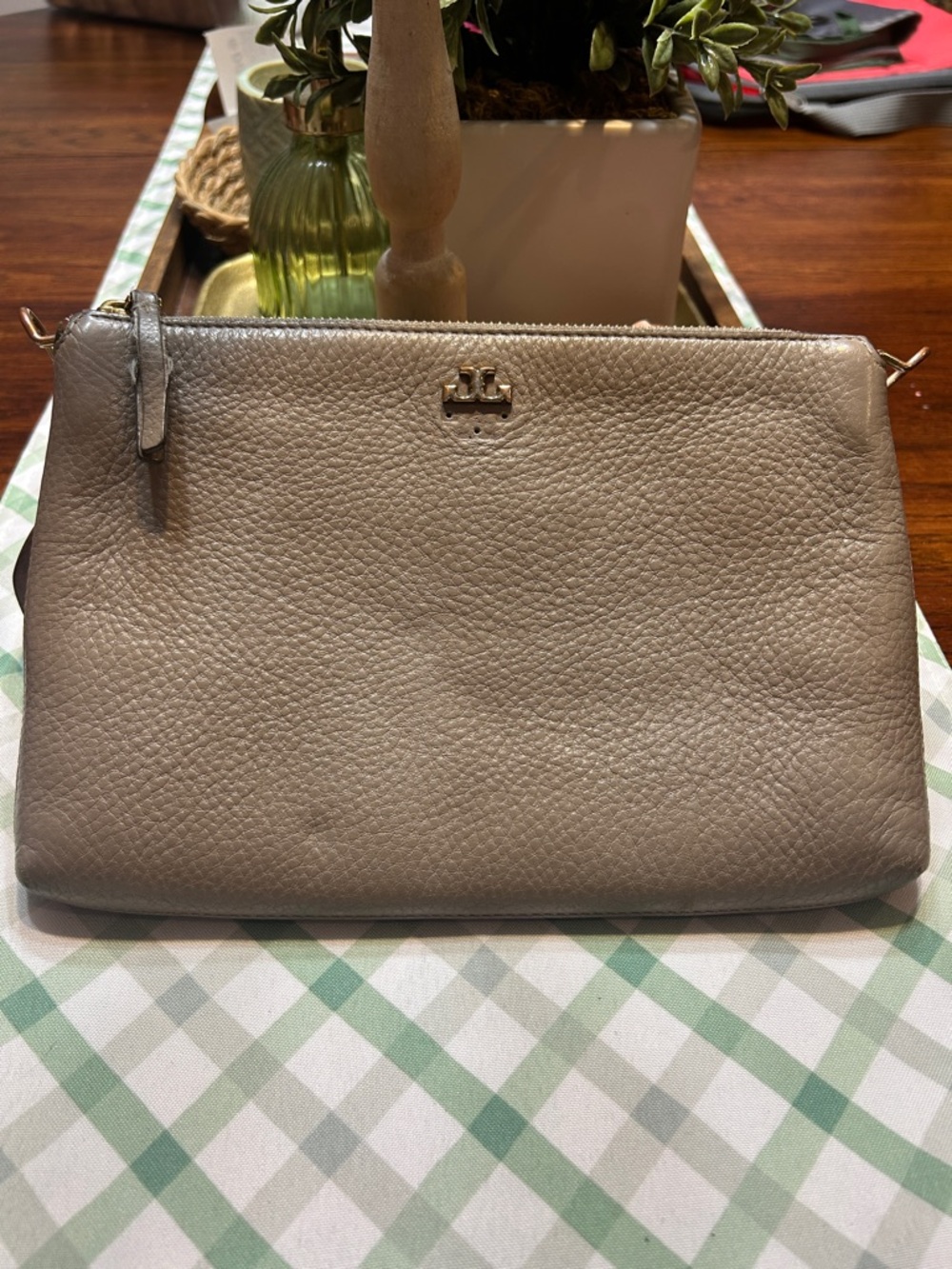Tory Burch Moose/Taupe Greige Leather Crossbody Clutch - Women's Bag DAMAGED
